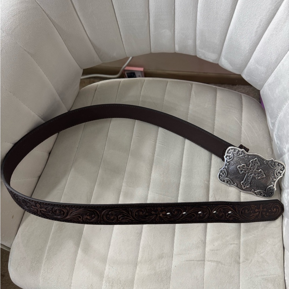 Brown Leather Belt with Silver Cross Buckle